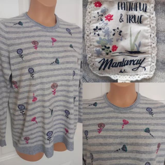 Maglione misto lana Mantaray UK 18 righe grigie floreali ricamato manica lunga