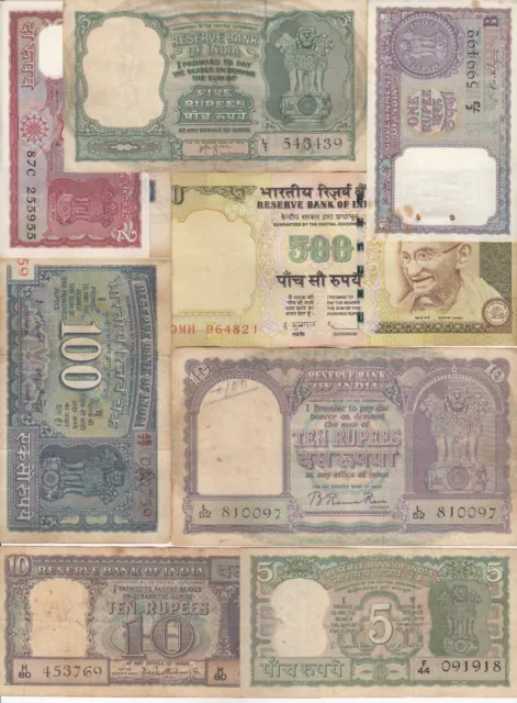 India, Set of 8, All Different Old Issue Banknotes, Rare Collection