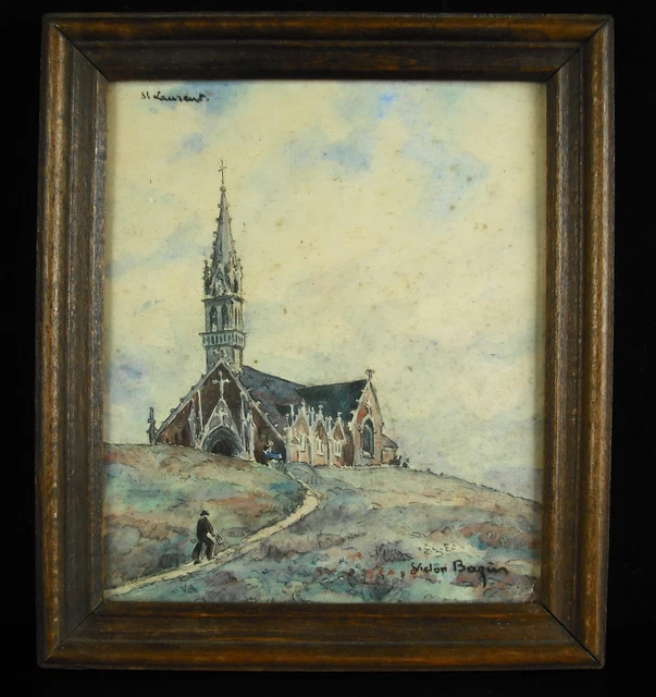 Victor Bazin Acuarela Iglesia De Saint Laurent Bretaña? de Aprox. 1930 20 CM