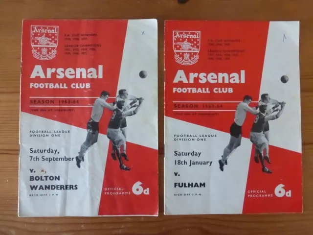 2x Arsenal Programmes Vs Bolton & Fulham (1963-64 Division One Season)