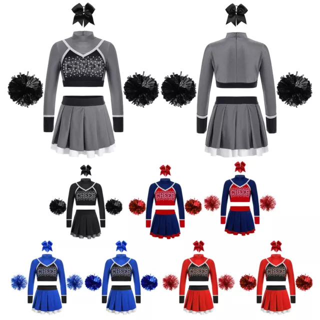 Kids Girls Uniform Elastic Waistband Dancewear Rhinestone Cheerleading Outfit