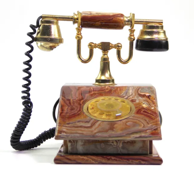 Telefono Vintage con Base in Marmo Retrò Telefono Rotante in Onice e Ottone