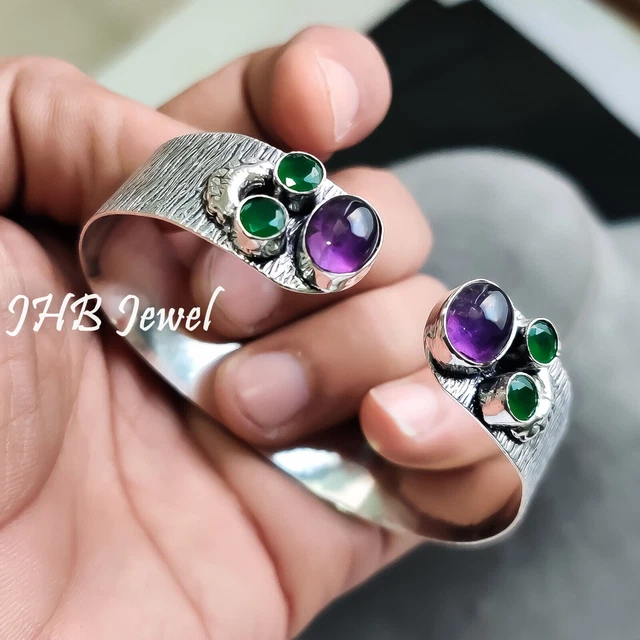 Bracelet Manchette En Argent 925 Avec Améthyste – Fait Main, Réglable, Neuf Sans Emballage