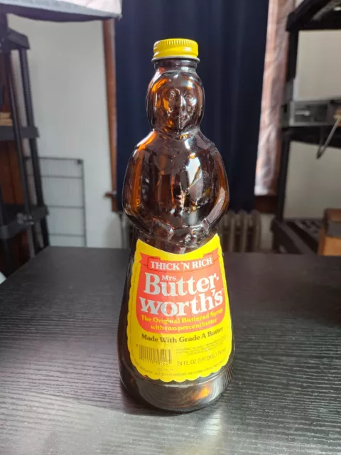 MRS. BUTTERWORTH'S  Glass Syrup Bottle 24 oz 10" Tall w Metal Cap & Paper Label