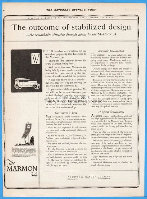 1920 Nordyke Marmon Co Indianapolis IN Model 34 Antique Open Motor Car ad