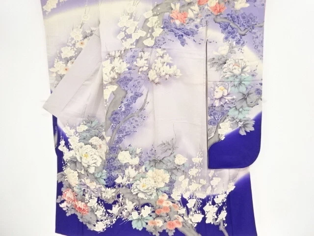 98449# Japanese Kimono / Antique Furisode / Embroidery / Ume With Kiku & Peo