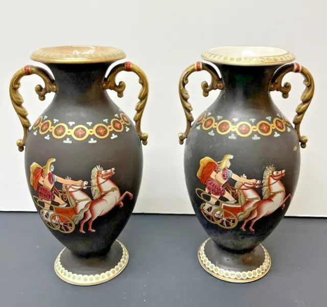 European Neoclassical Pair Of Urns/Vases Hand Enamel Early 19Th Century ML