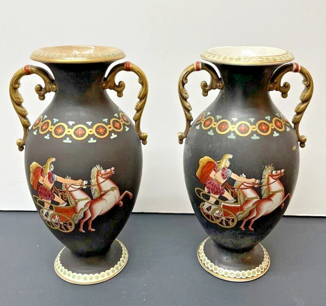 European Neoclassical Pair Of Urns/Vases Hand Enamel Early 19Th Century ML