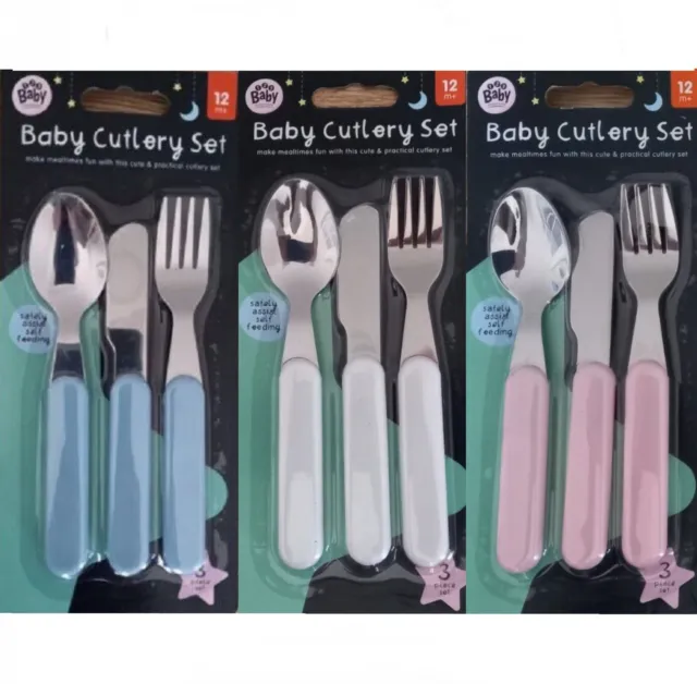 Baby Cutlery Set Knife Fork Spoon 3pc Toddler Feeding Blue Pink White 12m+