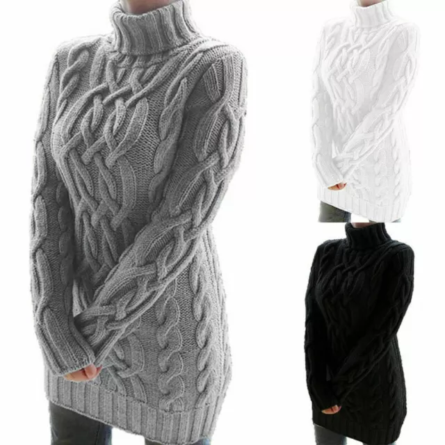Femme Tricot Grosse Maille Col Roulé Robe Pull Col Hiver Manches Longues Slim  *