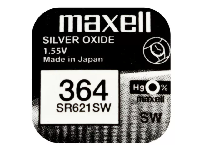 Maxell 364 Pila Batteria Orologio Mercury Free Silver Oxide SR621SW Japan 1.55V