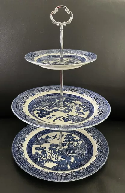 CHURCHILL BLUE WILLOW High Tea 3-tiered Cake Stand, Plates Made In England