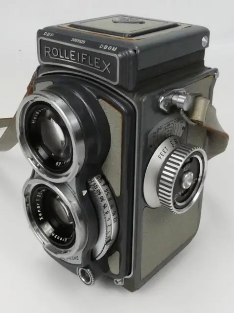 Cámara vintage Rolleiflex 4x4 bebé gris con capó y estuche #2590