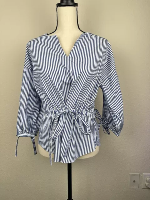 JOA Womens Size Large Blue White Striped Front Tie Popover 3/4 Sleeve Shirt Top