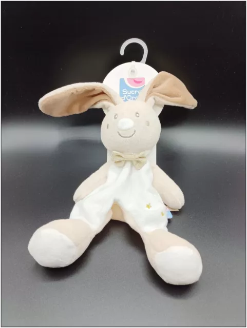 Doudou Lapin Beige Blanc étoiles noeud - Sucre D'Orge - neuf