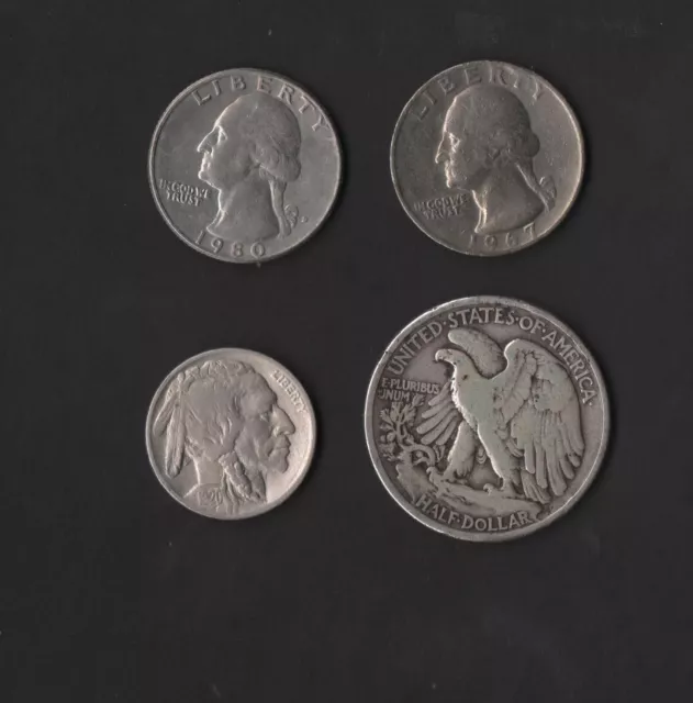 UNITED STATES 1/2 DOLLARS 1942+5 CENTS 1920+1/4 DOLLAR 1967-1980 4 COINS Lot700
