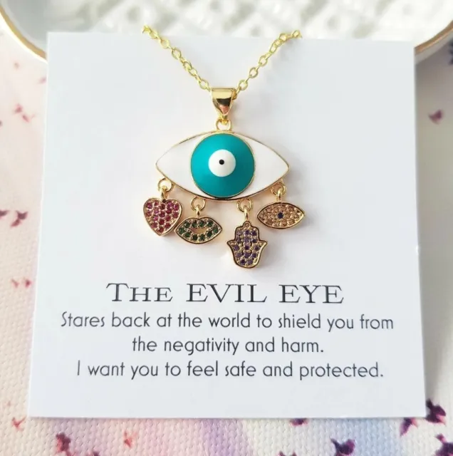 Blue White Enamel Greek Turkish Third Evil Eye Protection Gold Chain Necklace