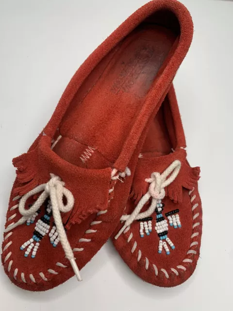MINNETONKA MOCCASINS Woman's Red Aztec Beaded suede Slip On Shoes Shoes ...