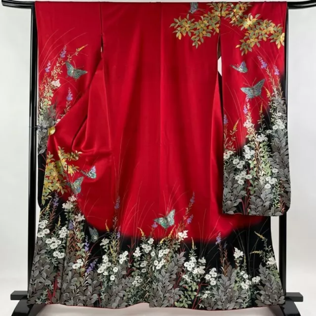 Japanese Kimono Furisode Pure Silk Flower Butterfly Gold And Silver Paint Red