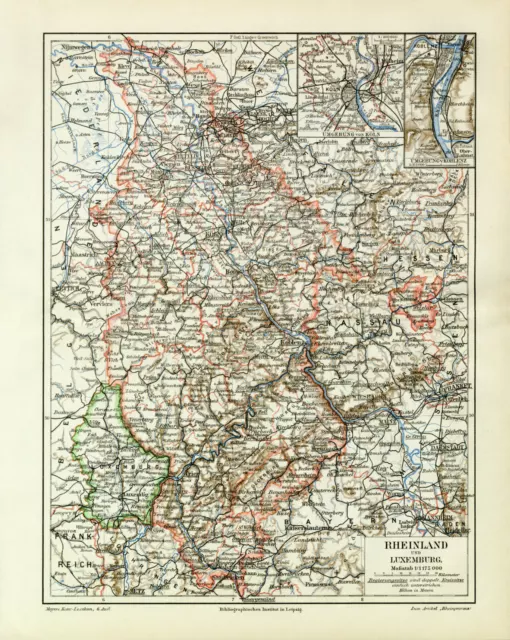 Rheinland und Luxemburg historische Landkarte Lithographie ca. 1907 antike Karte
