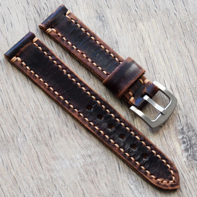 Bracelet de Montre 16mm Marron en Cuir de Buffle Fabrication Artisanale