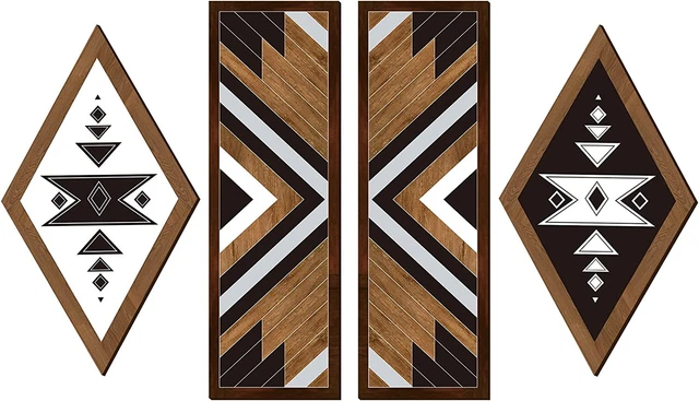 4 Pieces Boho Wall Art Wooden Aztec Sign Wood Farmhouse Wall Hanging Geometric D