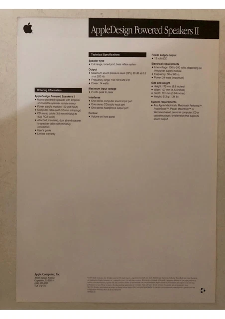 AppleDesign Powered Speakers II two-sided data sheet black/white Macintosh 4