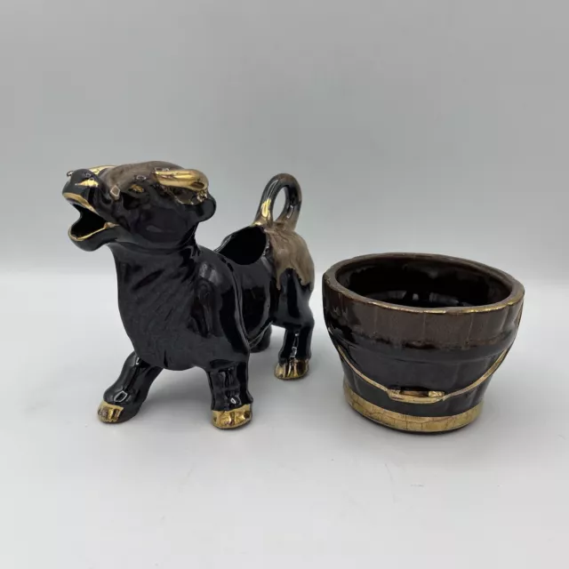 Vintage Artmark Bull Cow Creamer Sugar Hand Painted Drip Glaze Black Gold Horns