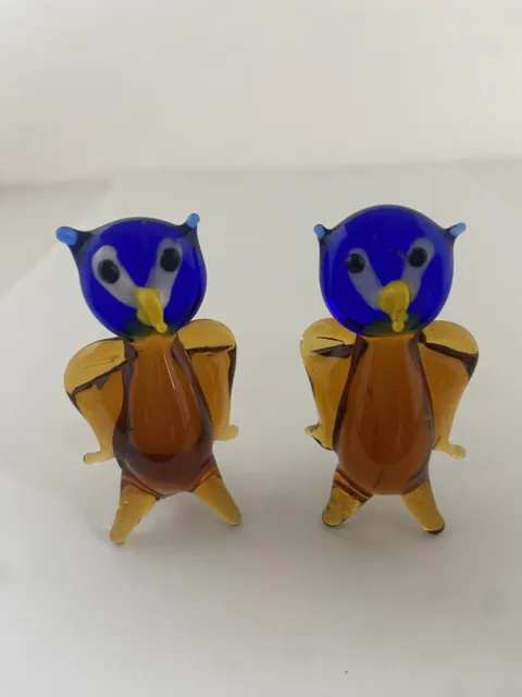 Art Glass Miniature Pair of Owls with Attitude Amber Cobalt Blue Handblown?  