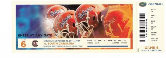 2014 Florida Gators Vs South Carolina Ticket Stub 11/15 College Football
