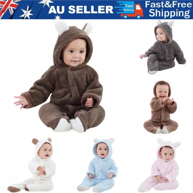 Newborn Baby Kids Boy Girls Bear Hooded Romper Jumpsuit Bodysuit Clothes Outfits