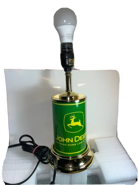 John Deere Green Tin Can 18 inch Table Lamp Preowned Tested Without Shade.