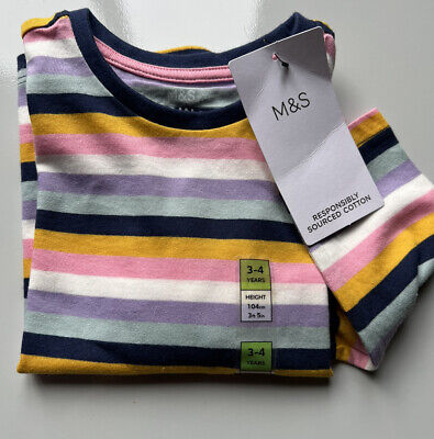 M&S Kids Girls Size 3-4 4-5 5-6 Years Striped Print Cotton Long Sleeve T-Shirt