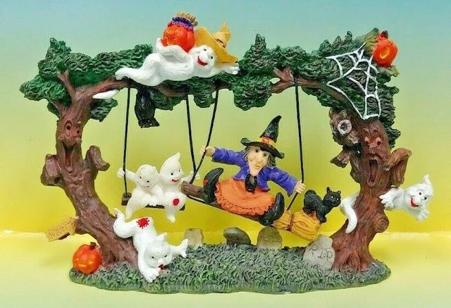 Vintage Old Halloween Witch Black Cat AND Ghost on Swing Set Horror Spooky Decor
