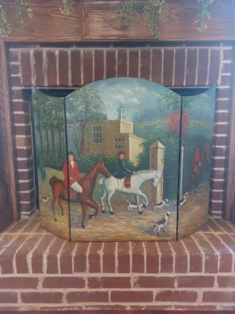 Decorative Hand Painted Wood Fireplace Screen Foxhunt Hounds Horses - 48 x 34