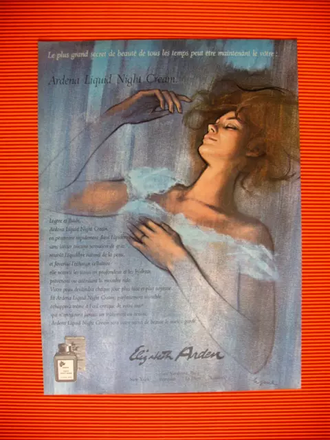 PUBLICITE DE PRESSE ELIZABETH ARDEN CREME DE BEAUTé LIQUID NIGHT CREAM AD 1964