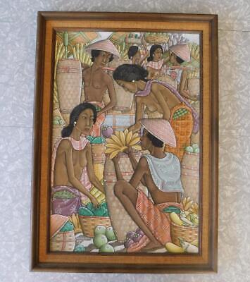 DW Md Bawa Signed Original Painting Ubud Marketplace Bali 1970s 19½ x 27½" Vtg