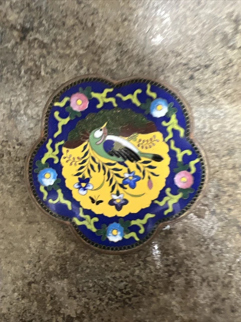 Vntg Chinese Cloisonne Enamel W/ Copper Scalloped Edge Trinket Dish Bird & Flowe