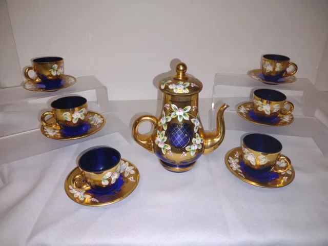 14Pc Set Egermann Bohemian Glass Crystal Tea Pot Tea Set 24K Gold & Cobalt