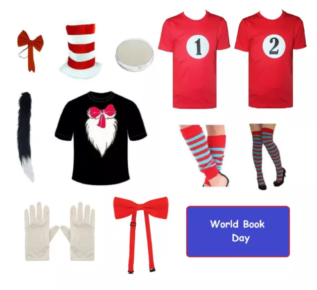 Children's & Adults Cat T-shirt Hat Bow Tie Set Fancy Dress Book Costume In The