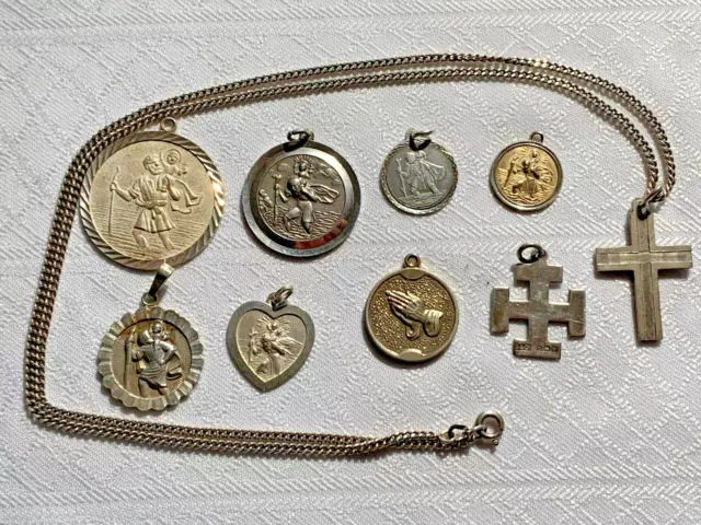 Joblot 7 Vintage St. Christopher Pendants & 2 Cross's & 1 Chain, 7 Pieces Silver