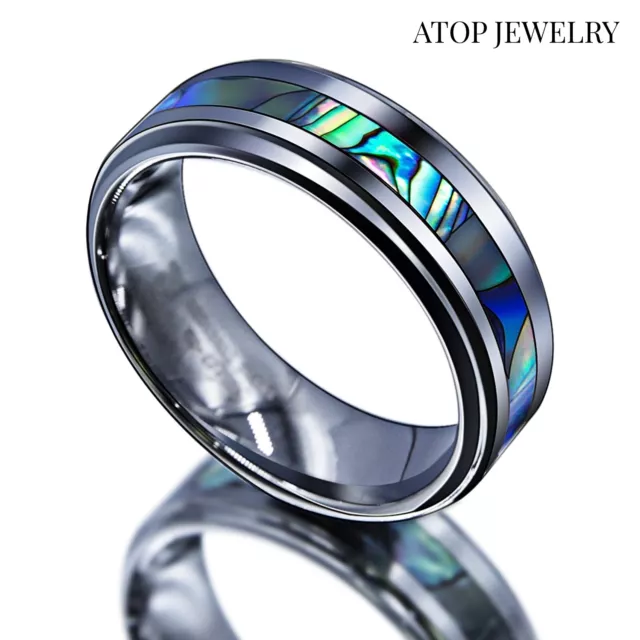 8Mm Tungsten Stunning jade&Abalone Stripe Inlaid Wedding Band Ring Mens jewelry 2