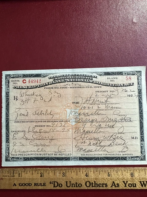 Antique Whiskey Prescription Massillon Ohio Bar Pharmacy 1924 Craigs Drug Store