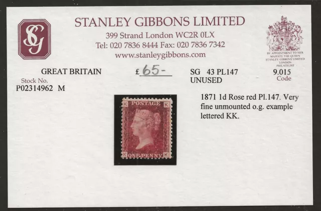 GB 1871 1d Penny Red (pl #147) VF mint MNH SG#43 on orig SG sales card