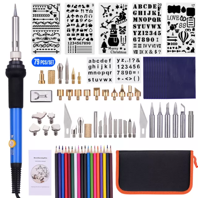 79PCS 60W Wood Burning Pen Tool Soldering Stencil  Craft Pyrography Kit I7C9