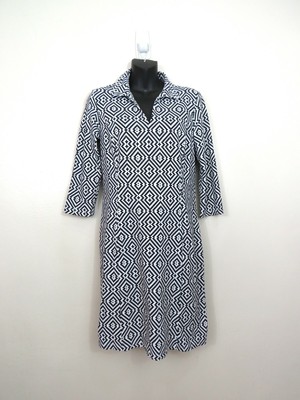 J. McLaughlin Small V Neck Print Shift Dress 3/4 Sleeve Collared Catalina Cloth