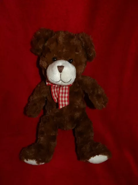 Doudou SUNKID Peluche Ours Marron Beige Noeud Vichy Rouge Neuf