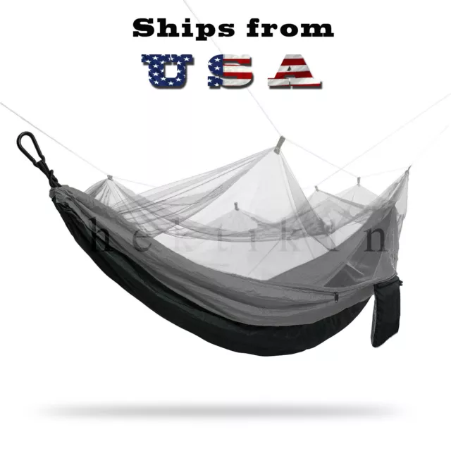 Double Outdoor Parachute Nylon Hammock with Mosquito Net Gray - Large