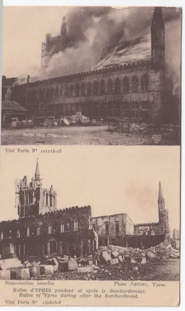 Postcard WWI YPRES Halles of Ypres, During and After the Bombardment BELGIUM