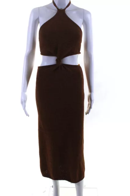 Cult Gaia Womens Cotton Knit Halter Knot Front Cutout Maxi Dress Brown Size XS